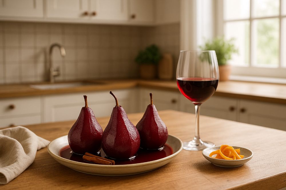 Pears in red wine dish